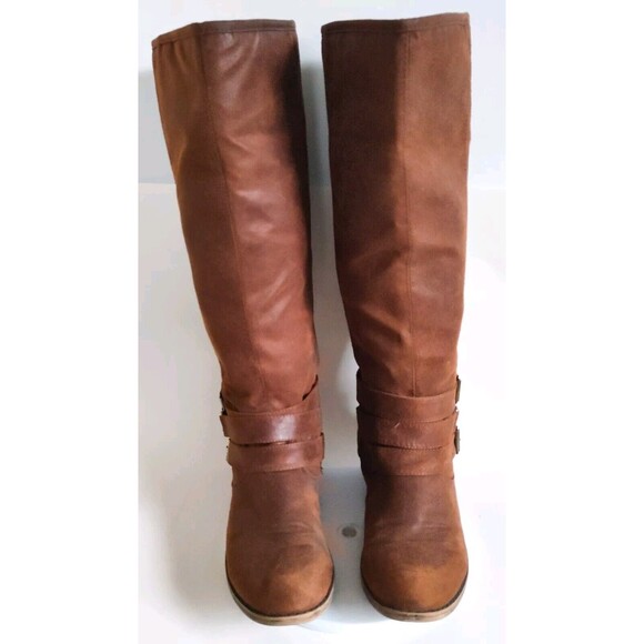 Madden Girl Campus Tan Faux Leather Back Zip Knee High Riding Boots Wide Calf 10 - Picture 5 of 12